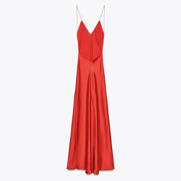 Zara NWT Romantic Blood Red Satin Effect V Neck Open Back Maxi Dress (Size XS) - Picture 8 of 10